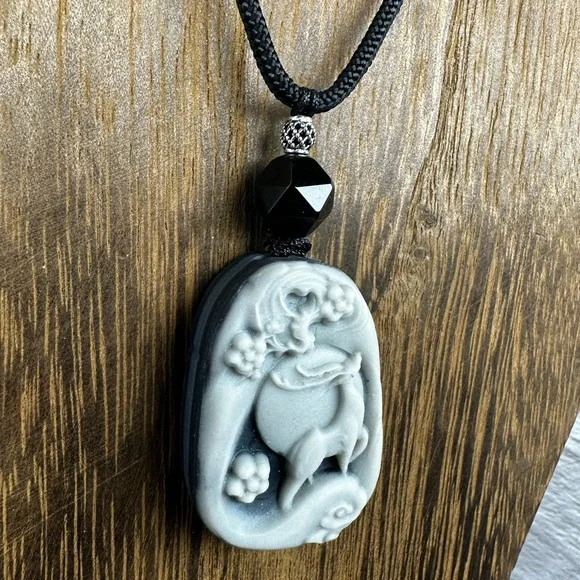 Tai Chi Stone Deer Pendant Necklace on Black Adjustable Rope - Picture 8 of 11